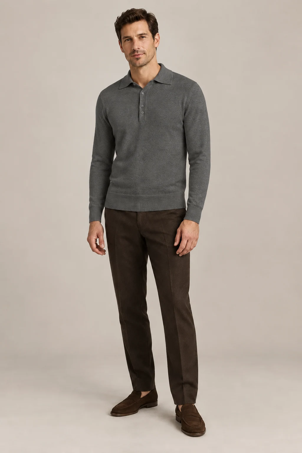 The Long-Sleeve Knit Polo in Charcoal, styled with tailored trousers — AI-generated product illustration