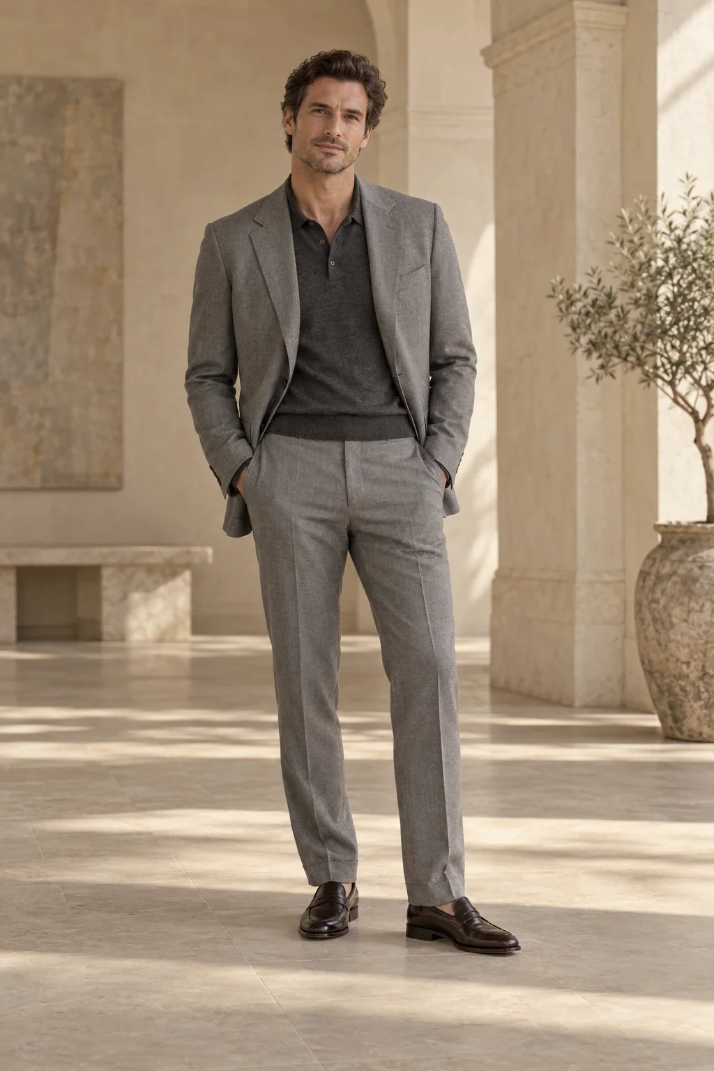 Charcoal polo worn with mid-grey tailoring — AI-generated style illustration