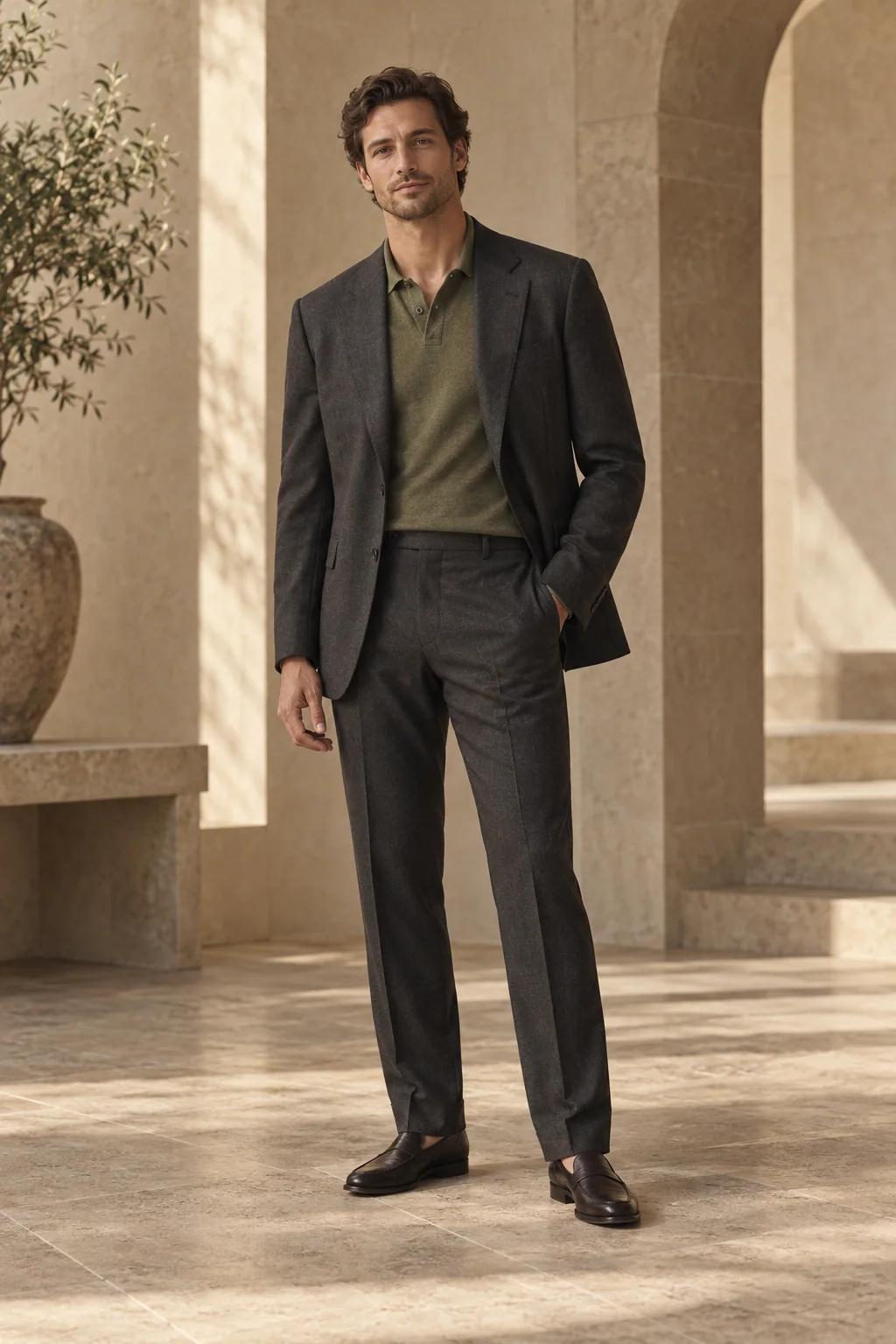Olive polo worn with charcoal tailoring — AI-generated style illustration