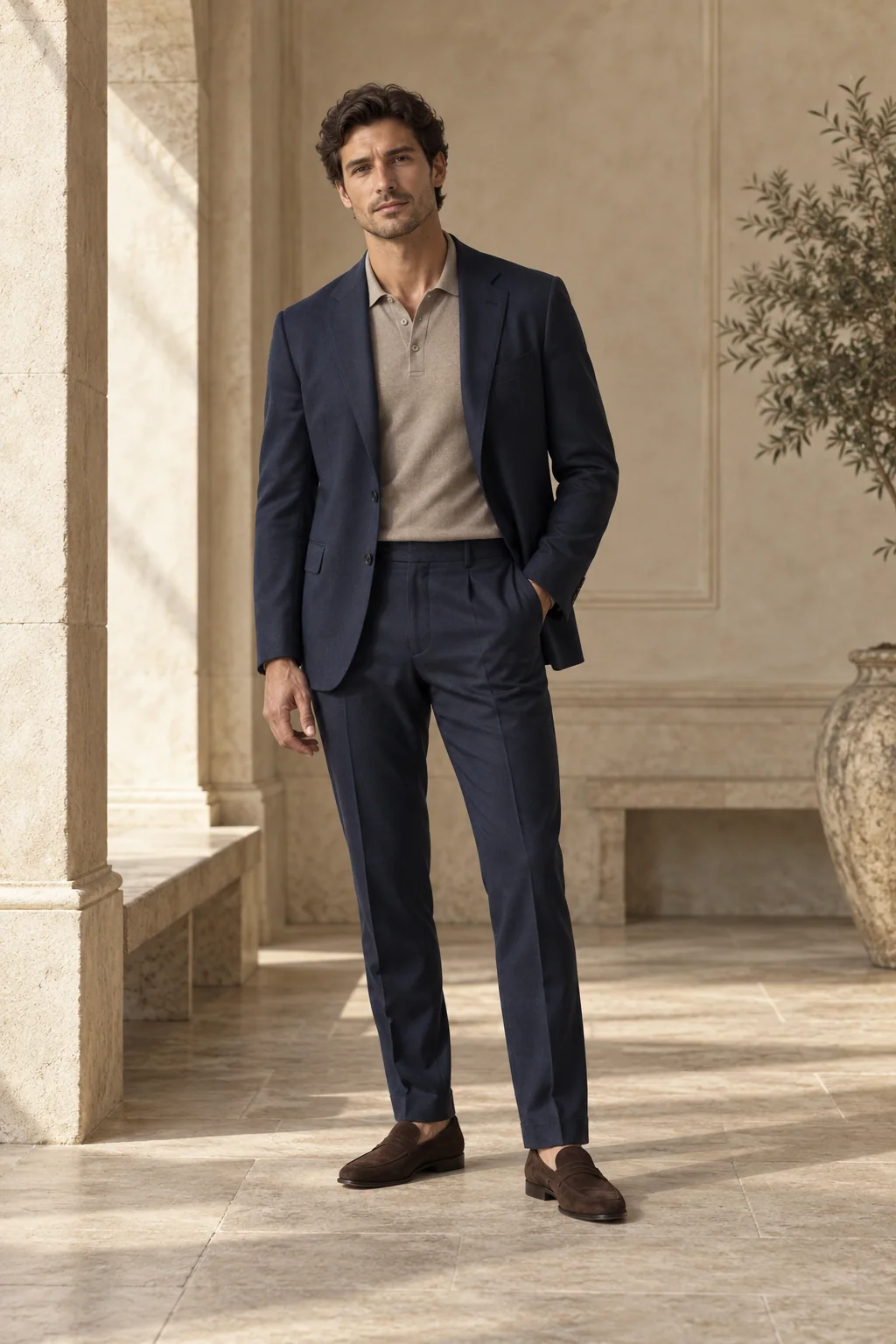 Taupe polo worn with midnight navy tailoring — AI-generated style illustration