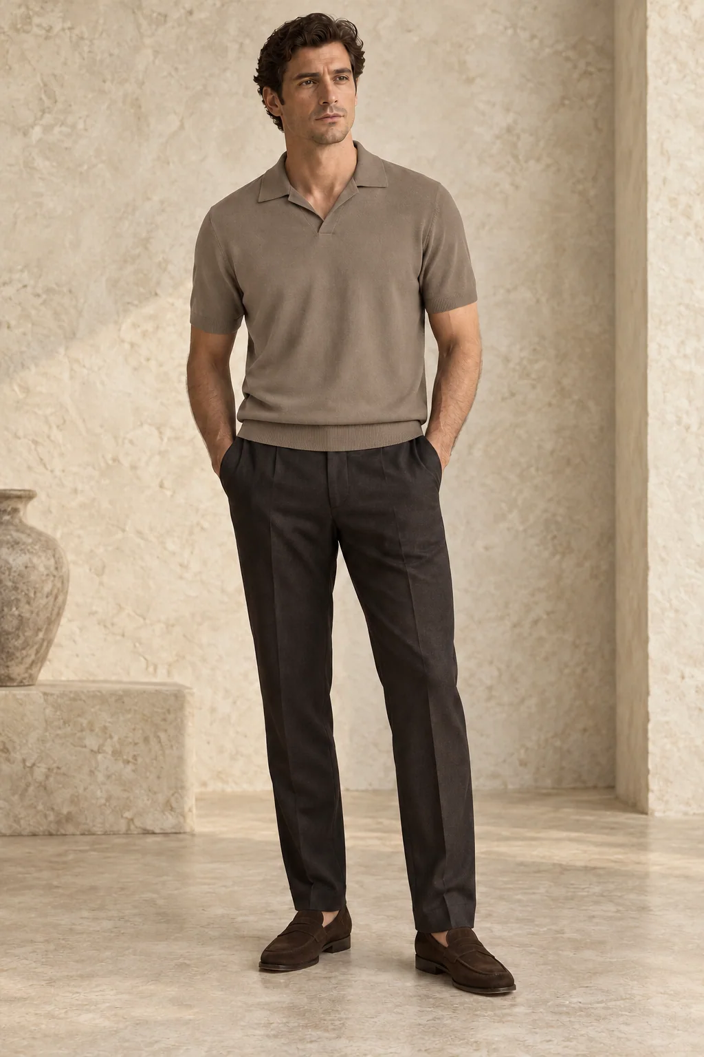 The Open-Collar Knit Polo in Taupe, styled with tailored trousers — AI-generated product illustration
