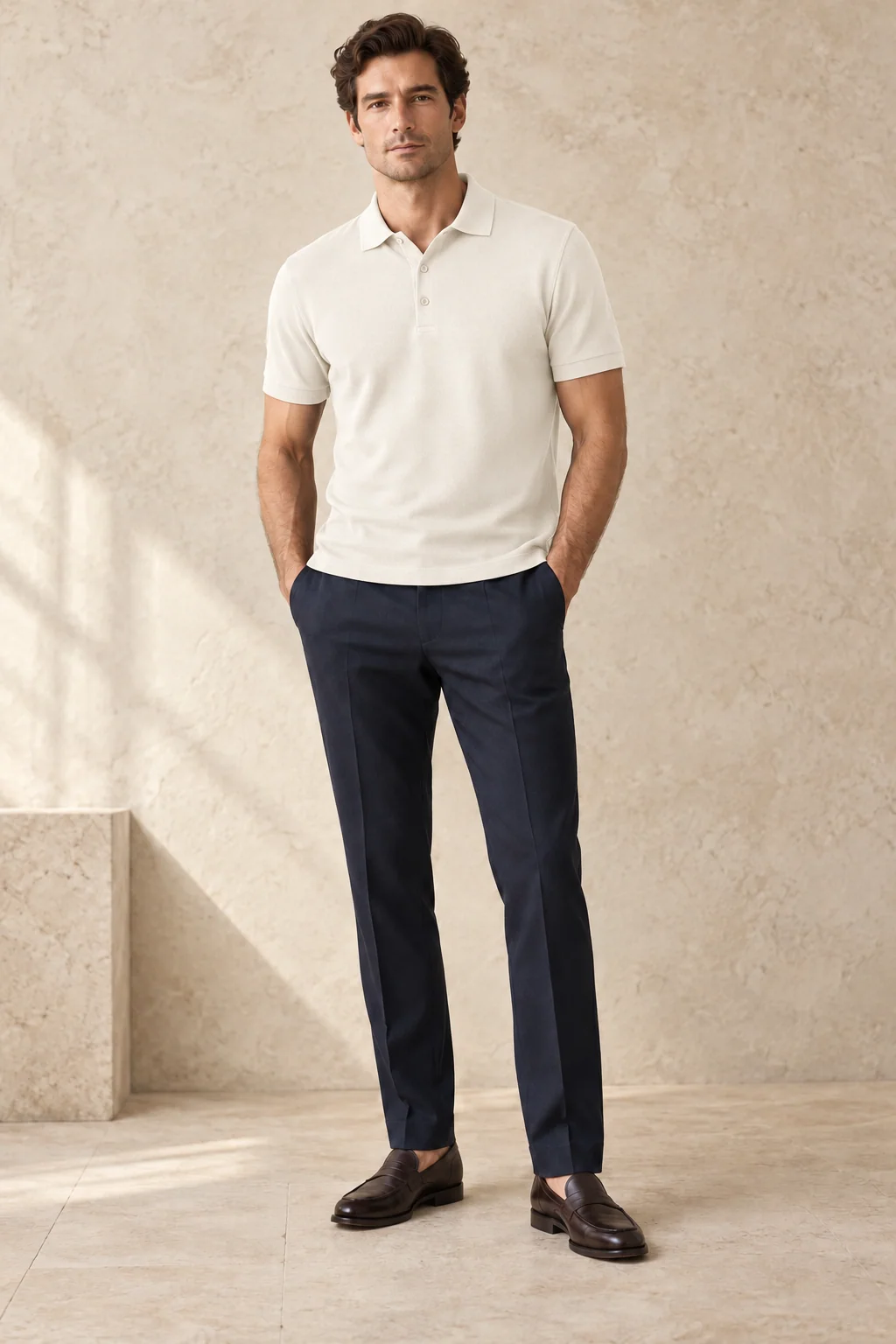 The Classic Piqué Polo in Ivory, styled with tailored trousers — AI-generated product illustration
