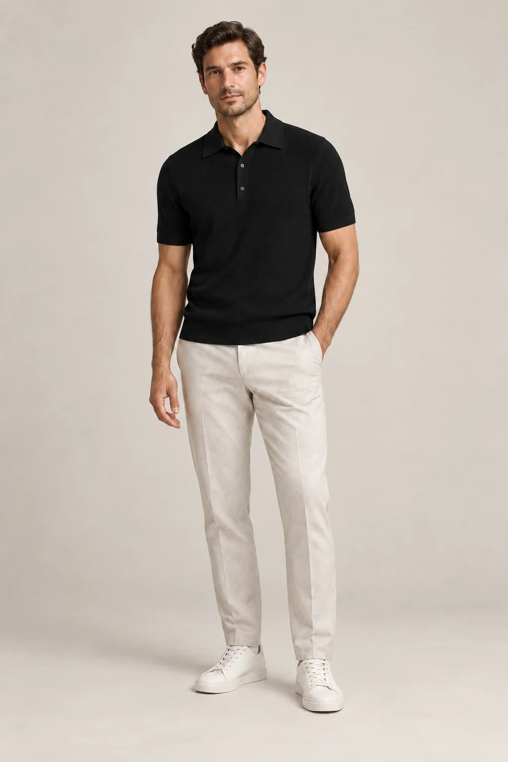 The Short-Sleeve Knit Polo in Black, styled with tailored trousers — AI-generated product illustration