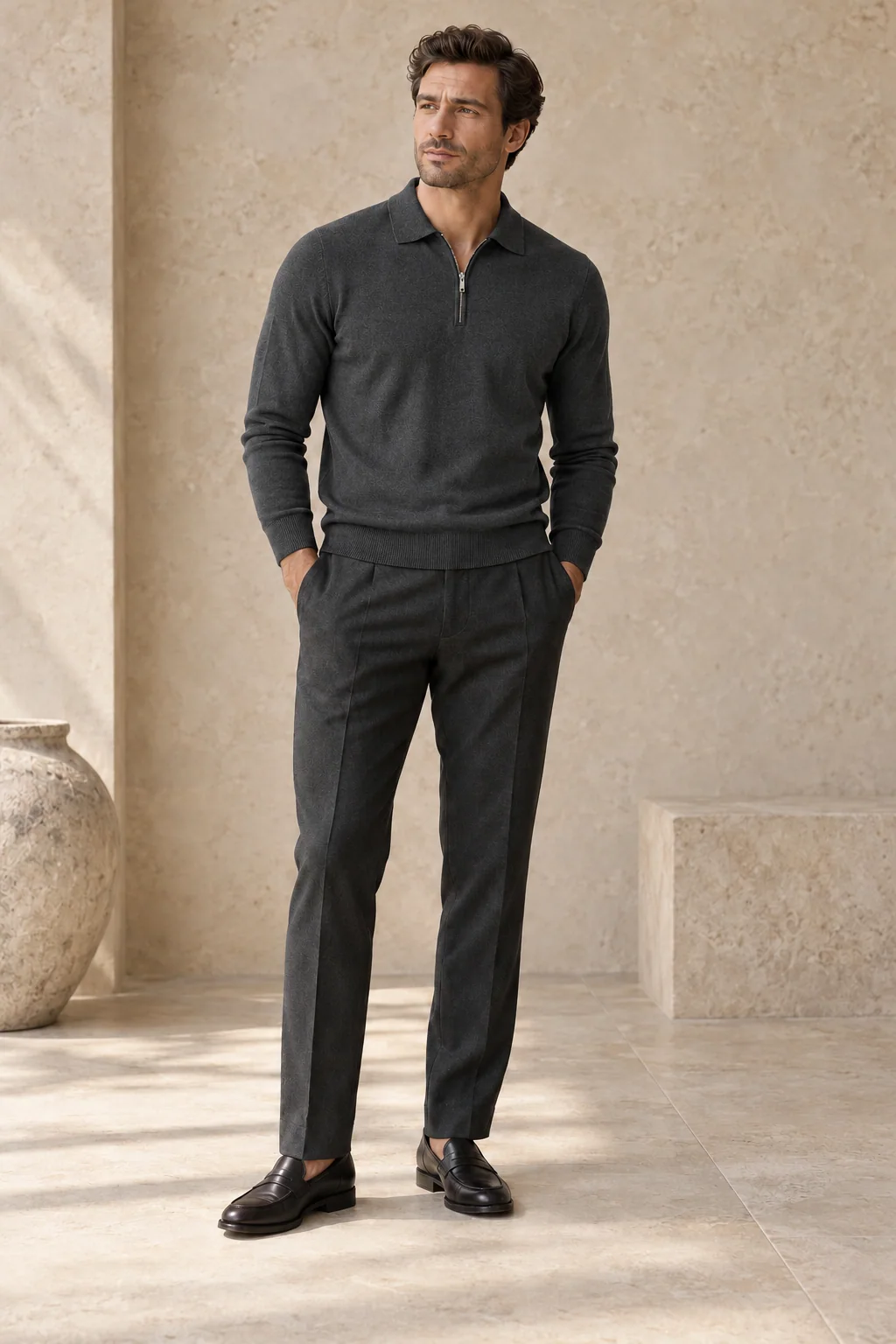 The Zip-Neck Knit Polo in Charcoal, styled with tailored trousers — AI-generated product illustration