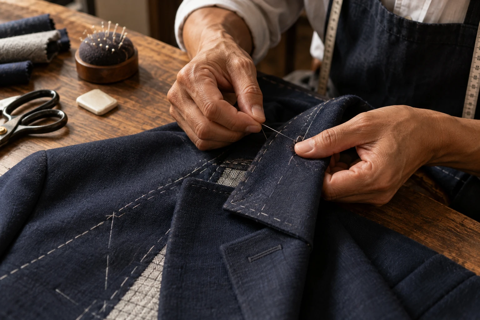 An artisan hand stitching the lapel of a navy wool jacket