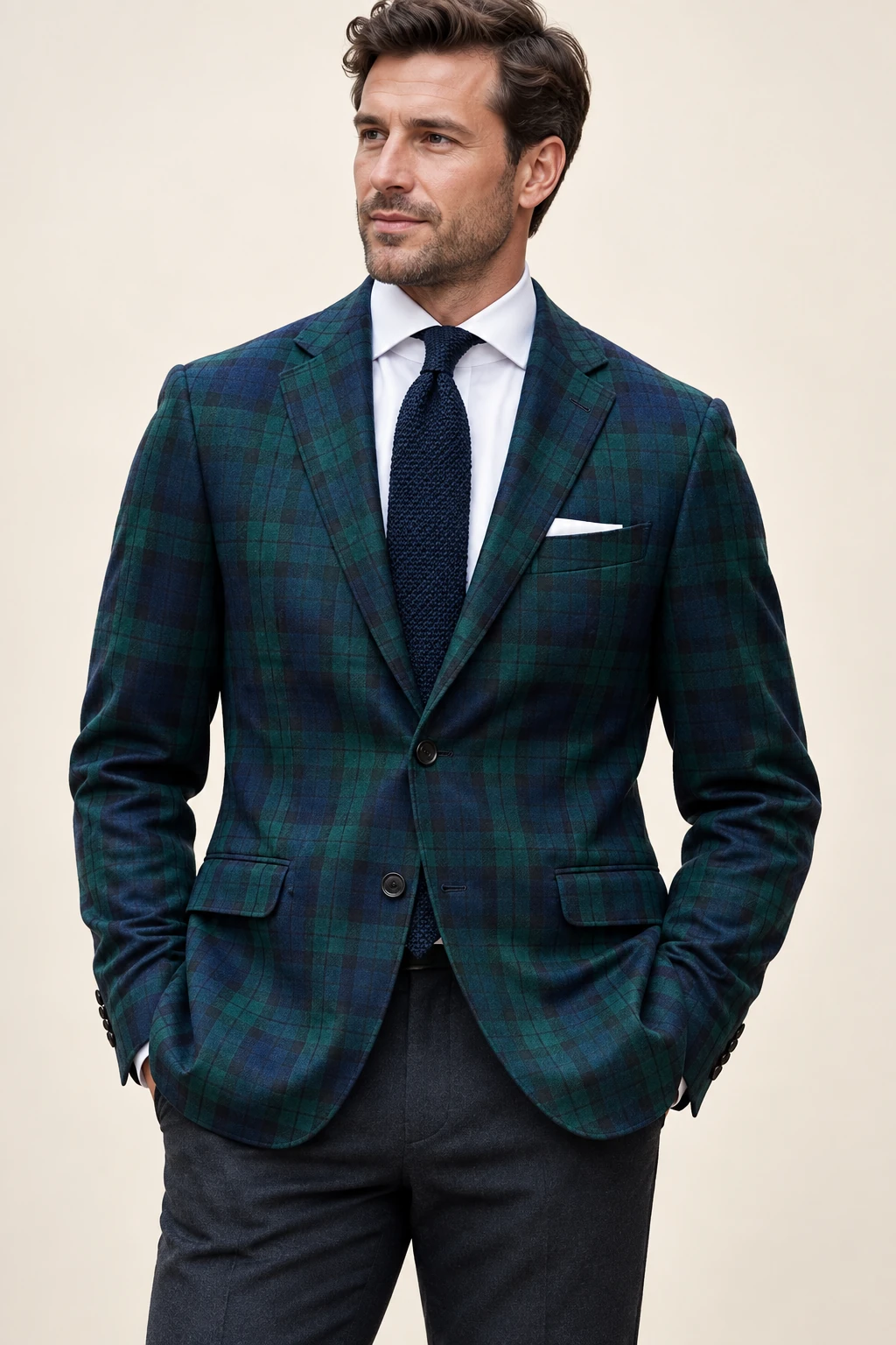 The Black Watch Jacket in Green tartan — illustrated styling