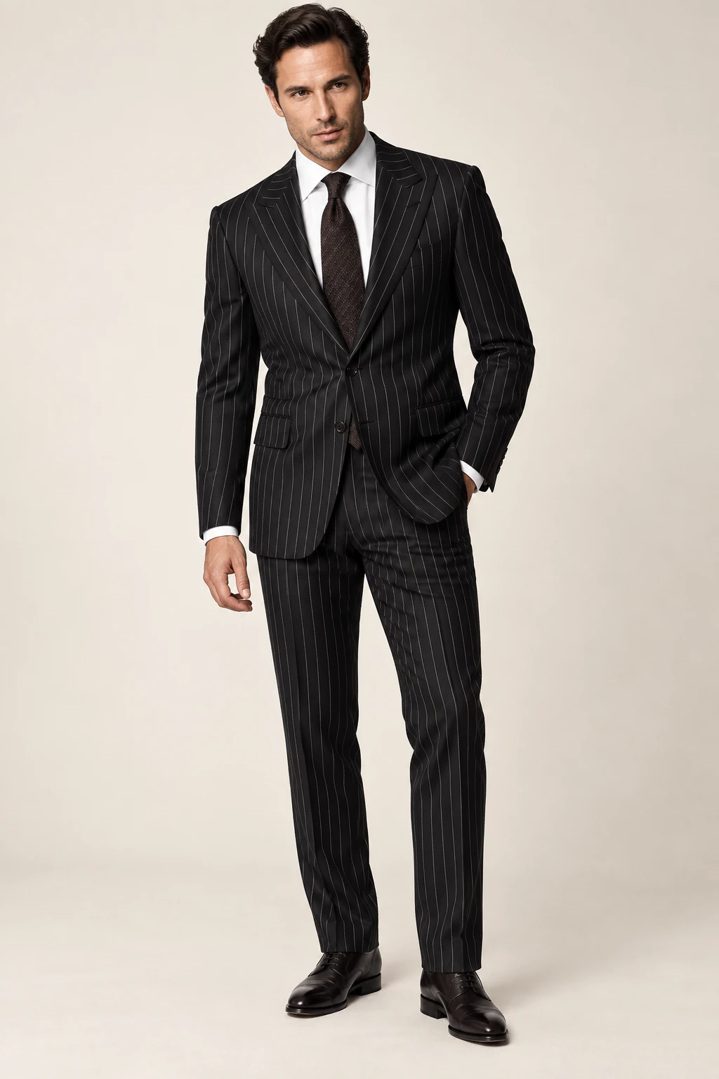 The Chalkstripe Suit in Black pinstripe — illustrated styling
