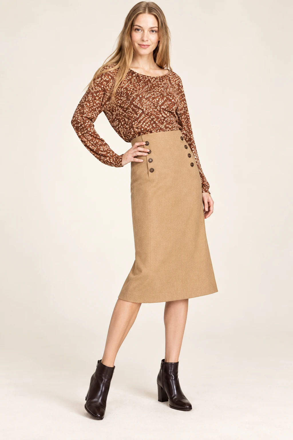 The Buttoned Midi Skirt in Camel — illustrated styling