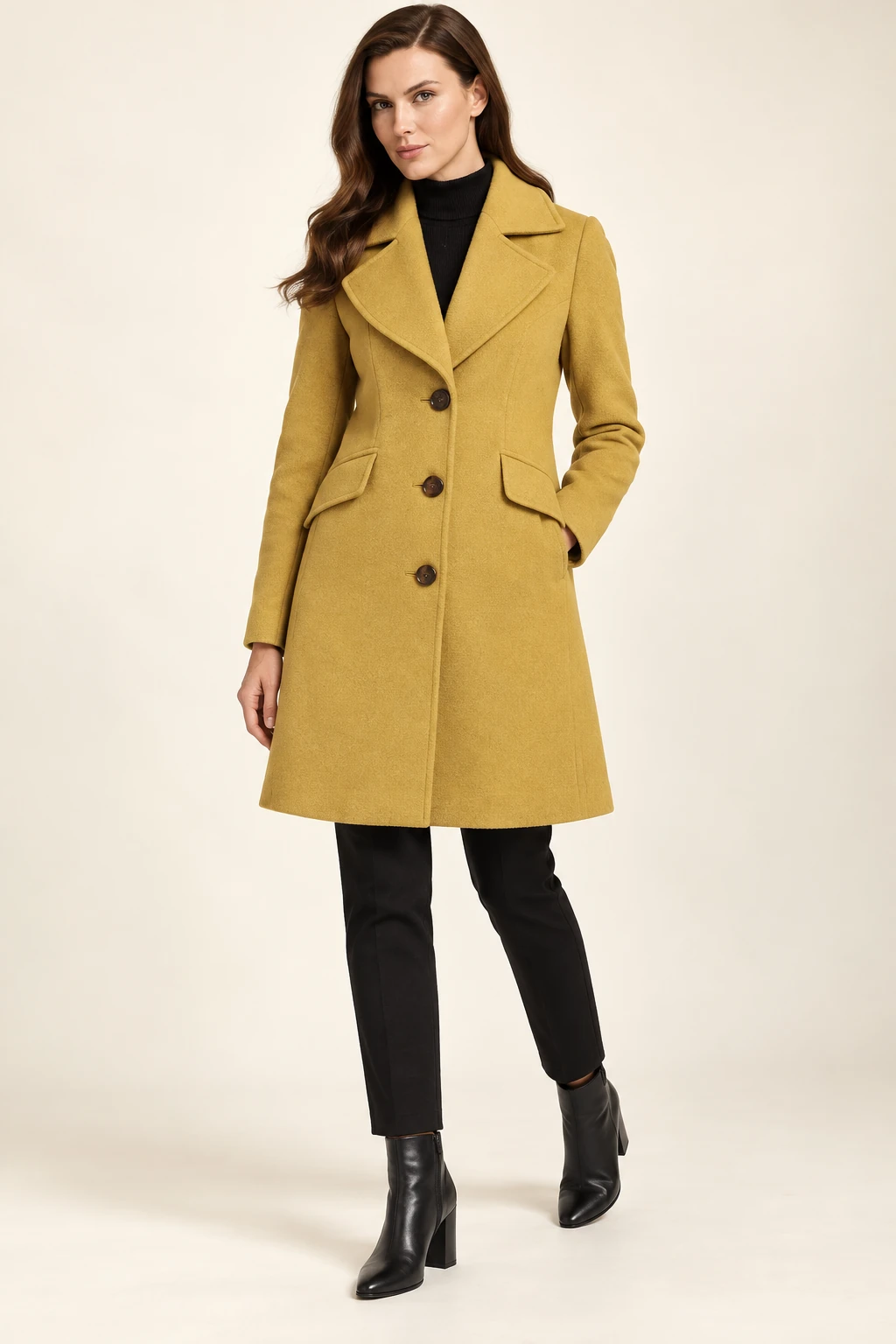 Women’s Tailored Overcoat / 02 in Mustard — illustrated styling