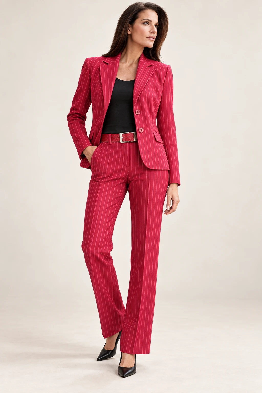 Women’s Tailored Pantsuit / 09 in Red pinstripe — illustrated styling