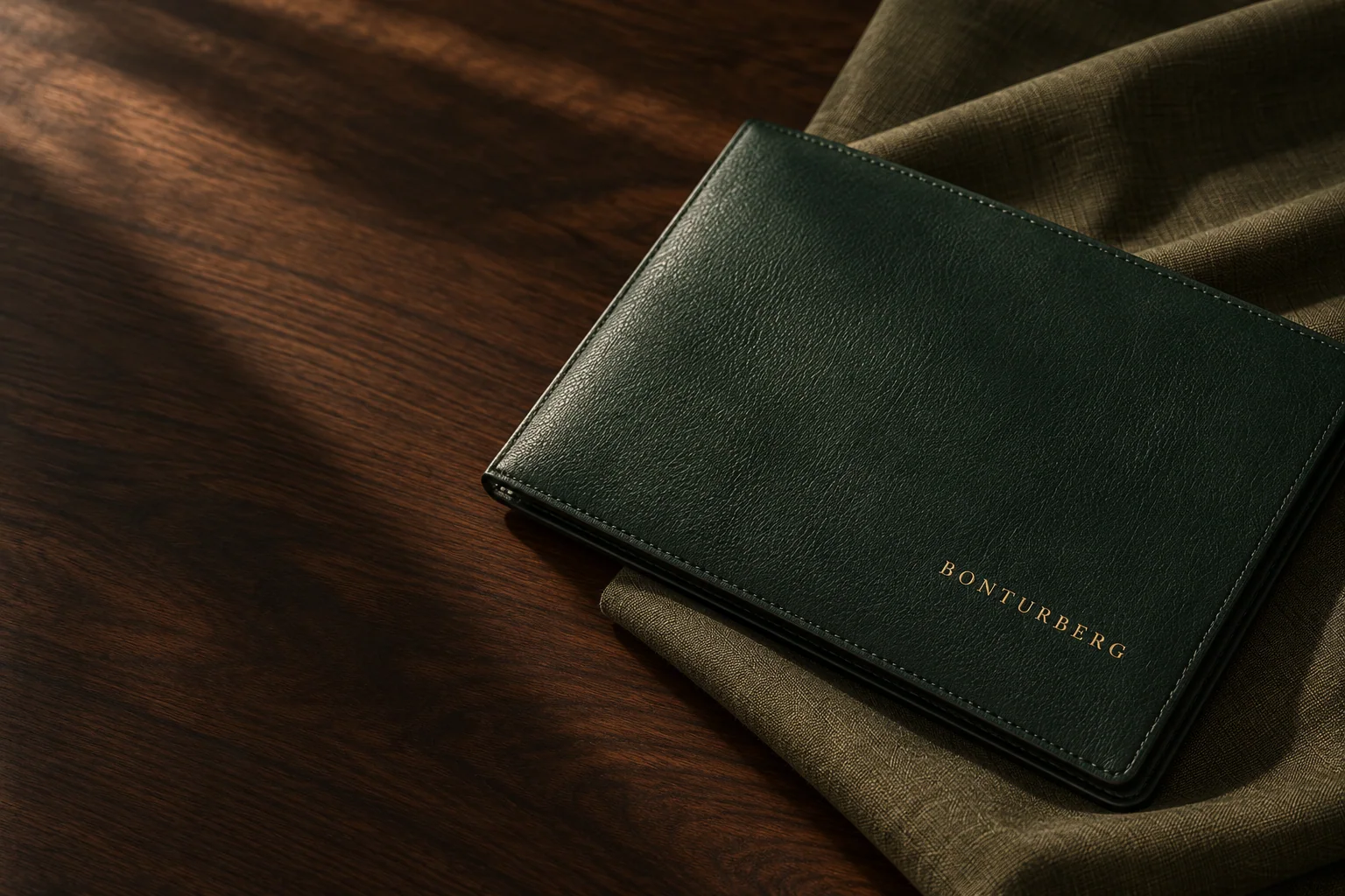 A dark green leather tailoring folio resting on suiting cloth