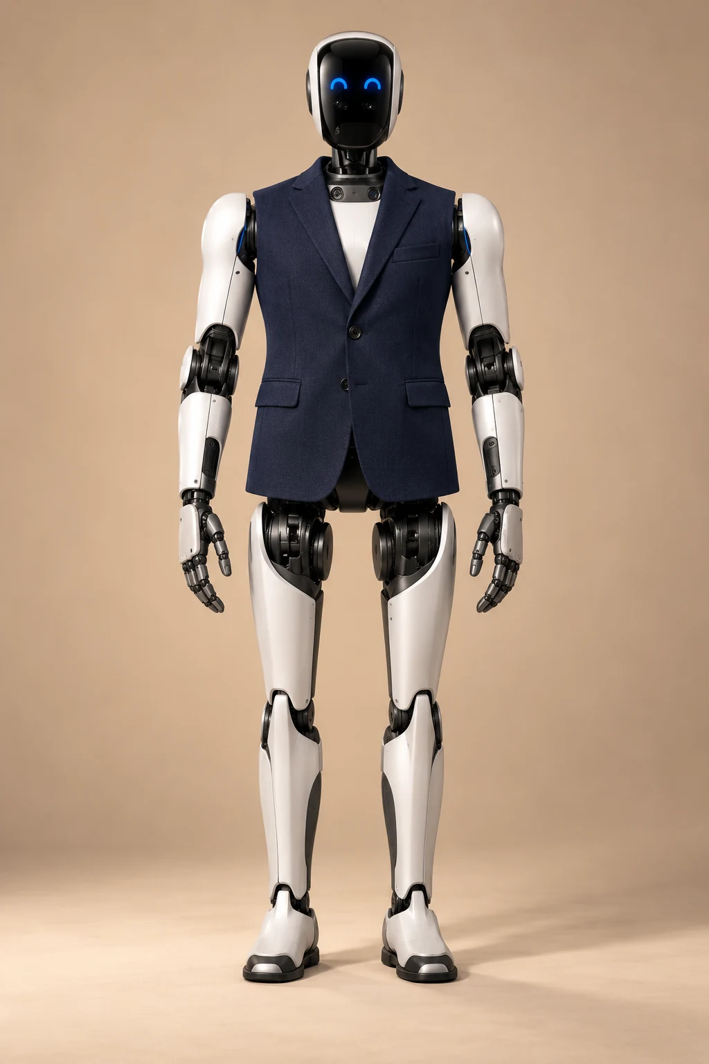 AI-generated Midnight navy sleeveless suit styling concept for AGIBOT A2 Ultra; exact hardware appearance and fit are unverified