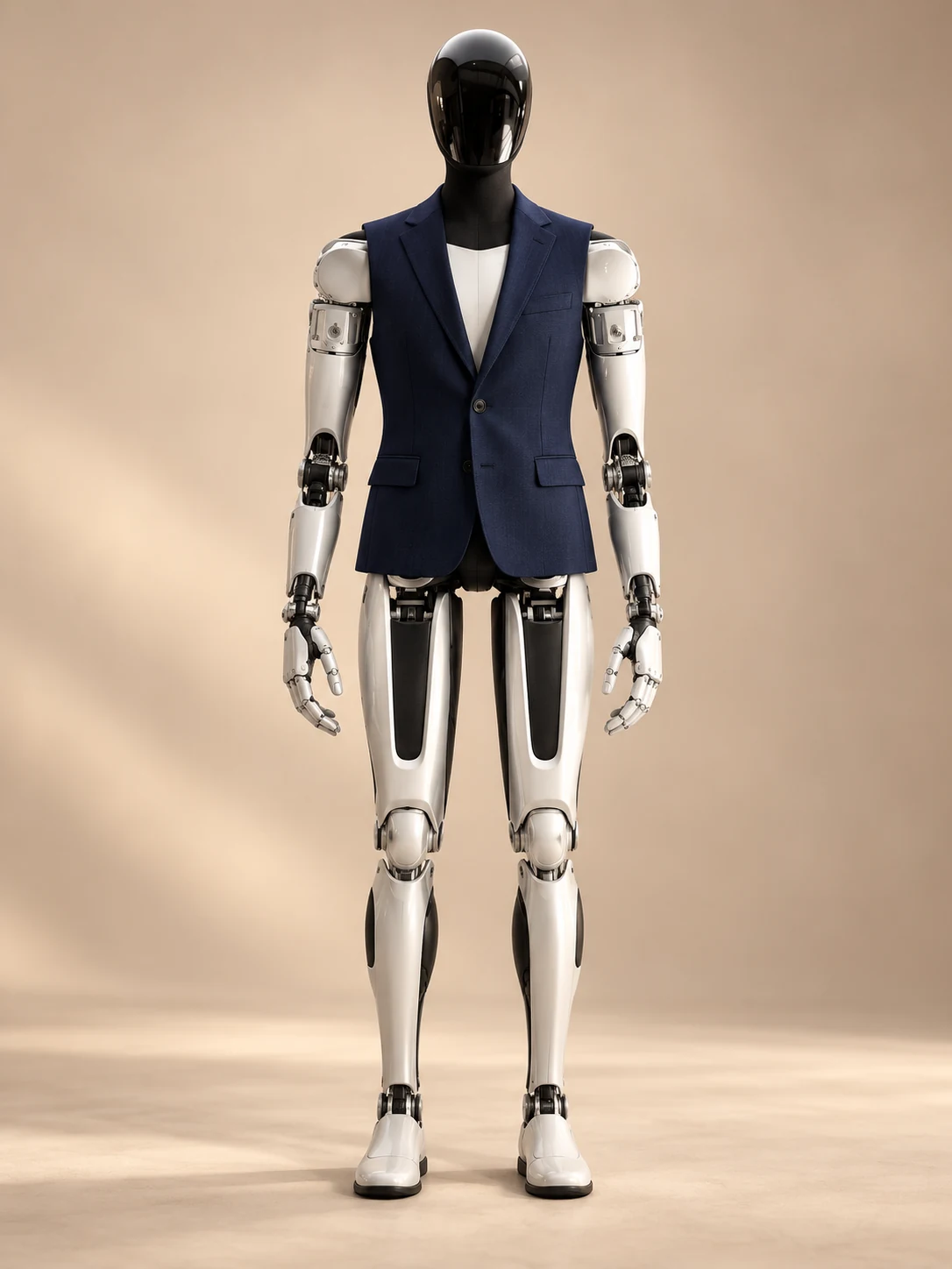 AI-generated Midnight navy sleeveless suit styling concept for Tesla Optimus; exact hardware appearance and fit are unverified