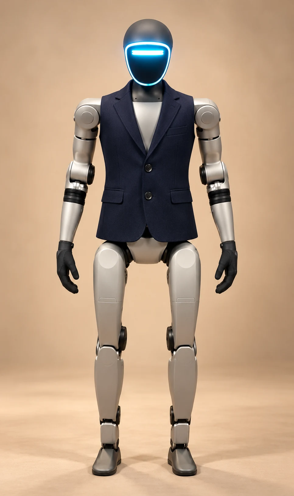 AI-generated Midnight navy sleeveless suit styling concept for Unitree G1; exact hardware appearance and fit are unverified