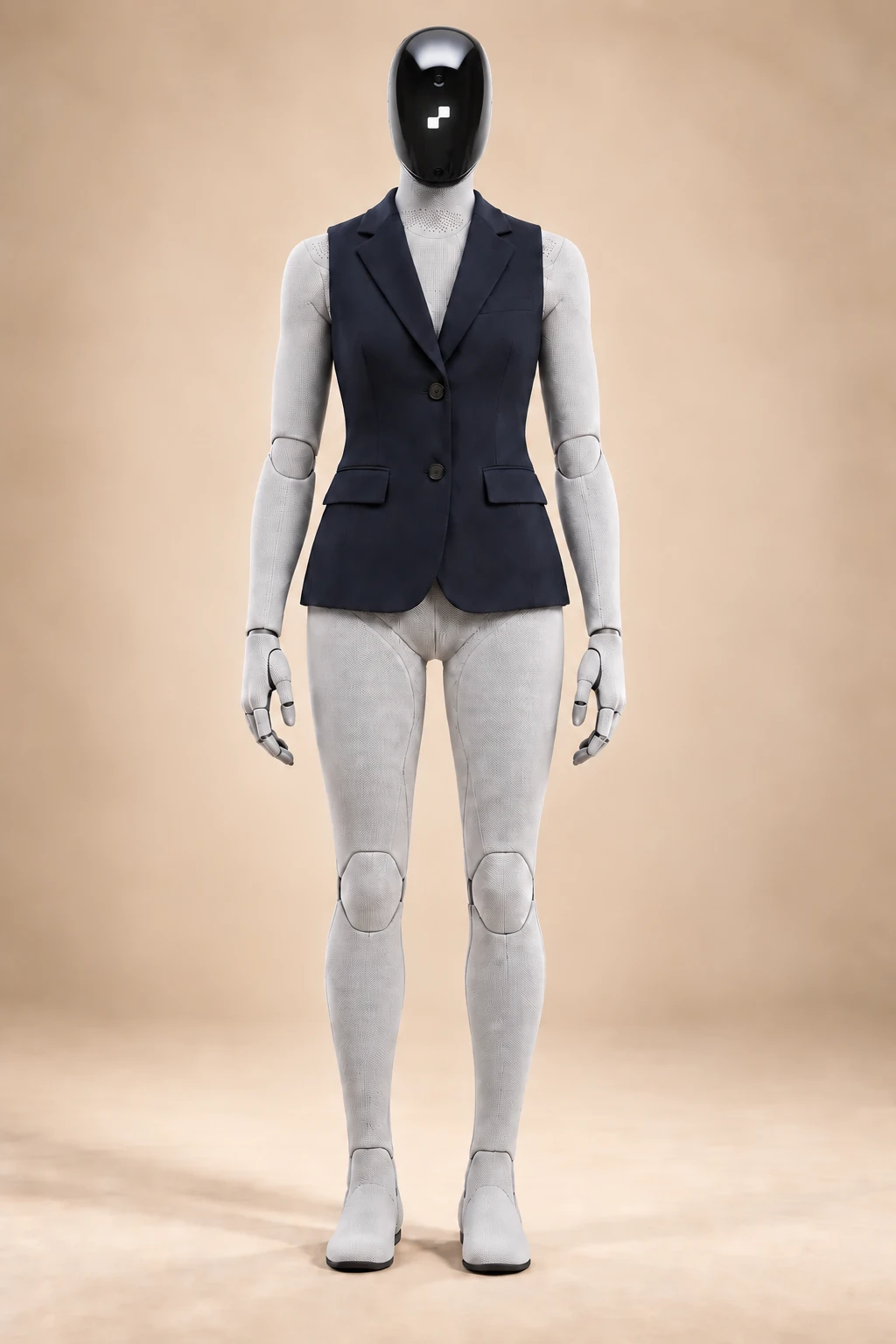 AI-generated Midnight navy sleeveless suit styling concept for Figure 03; exact hardware appearance and fit are unverified
