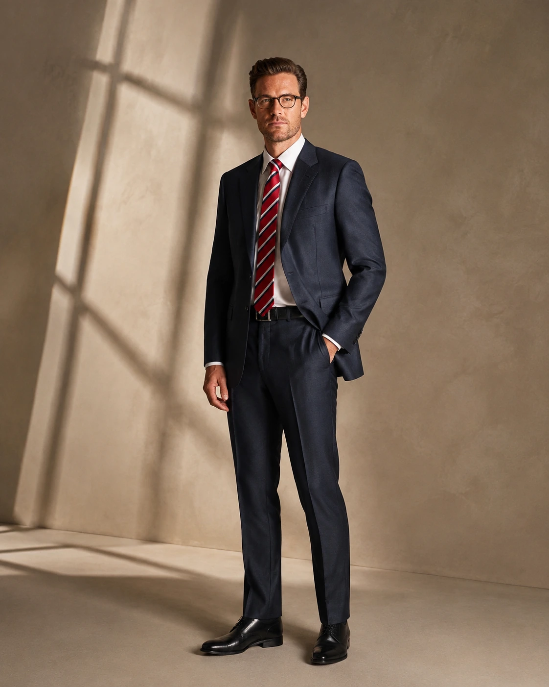 A man wearing a navy suit with a red striped tie