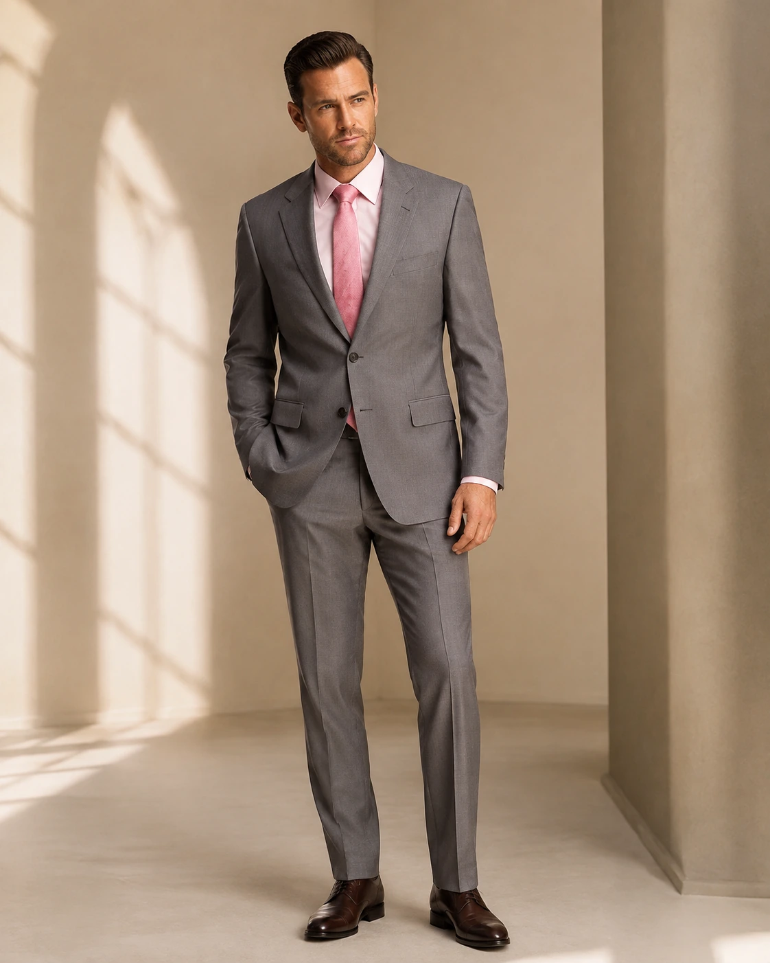 A man wearing a charcoal suit and pink tie