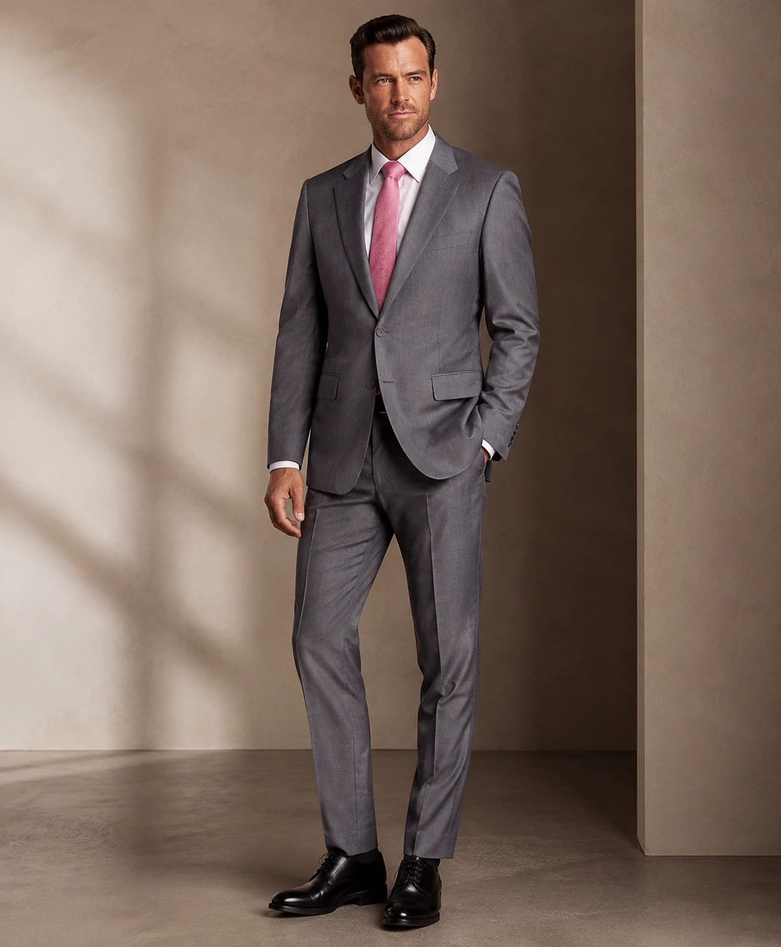 A man wearing a navy double-breasted suit in a warm interior