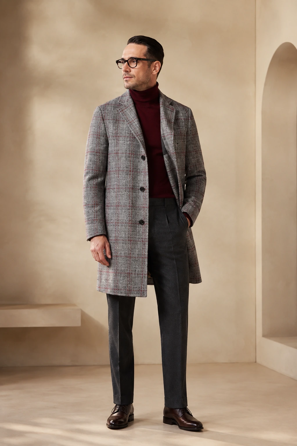 Men’s Tailored Overcoat / 03 in Grey check — illustrated styling