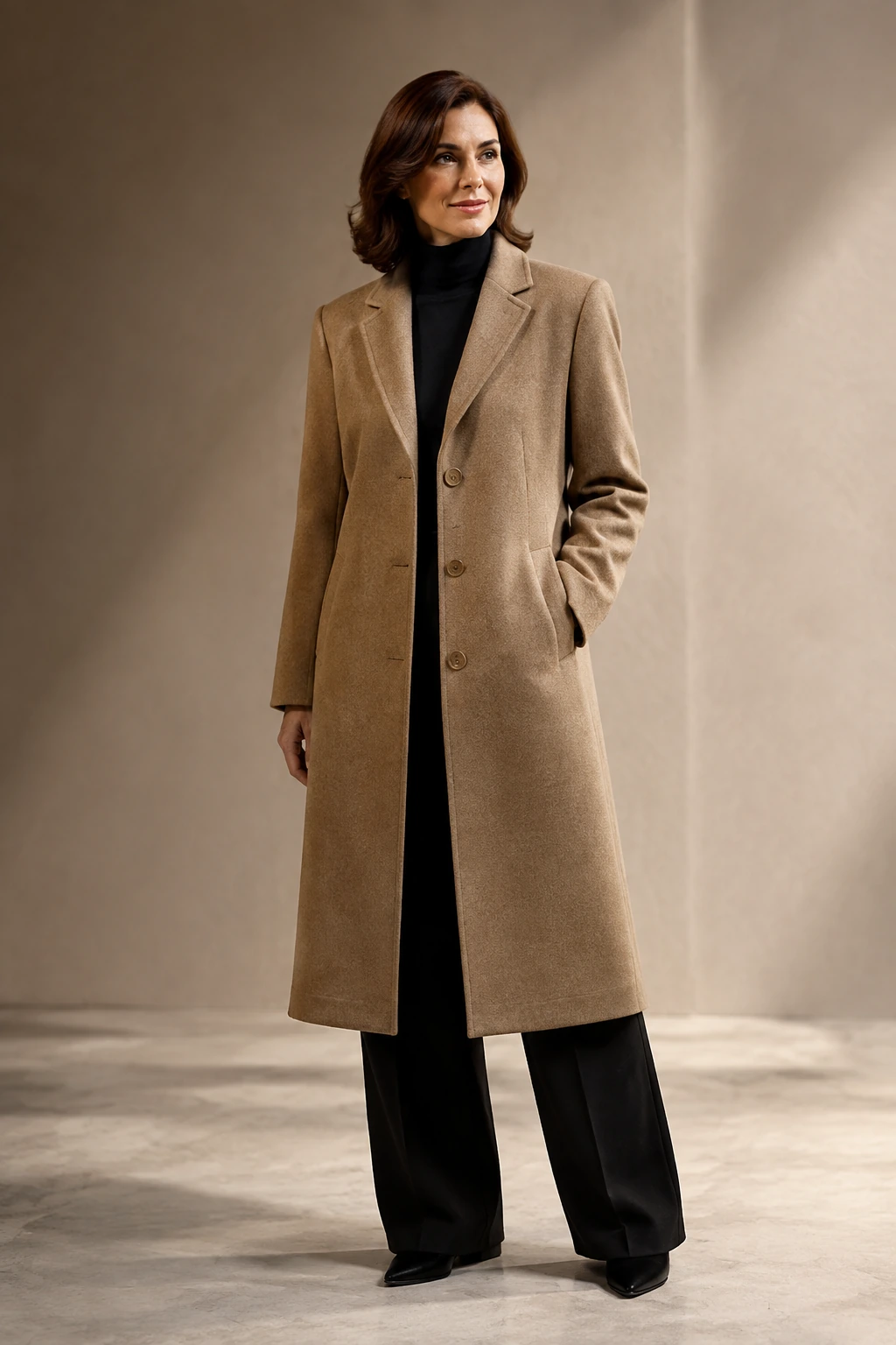 Women’s Tailored Overcoat / 03 in Camel — illustrated styling