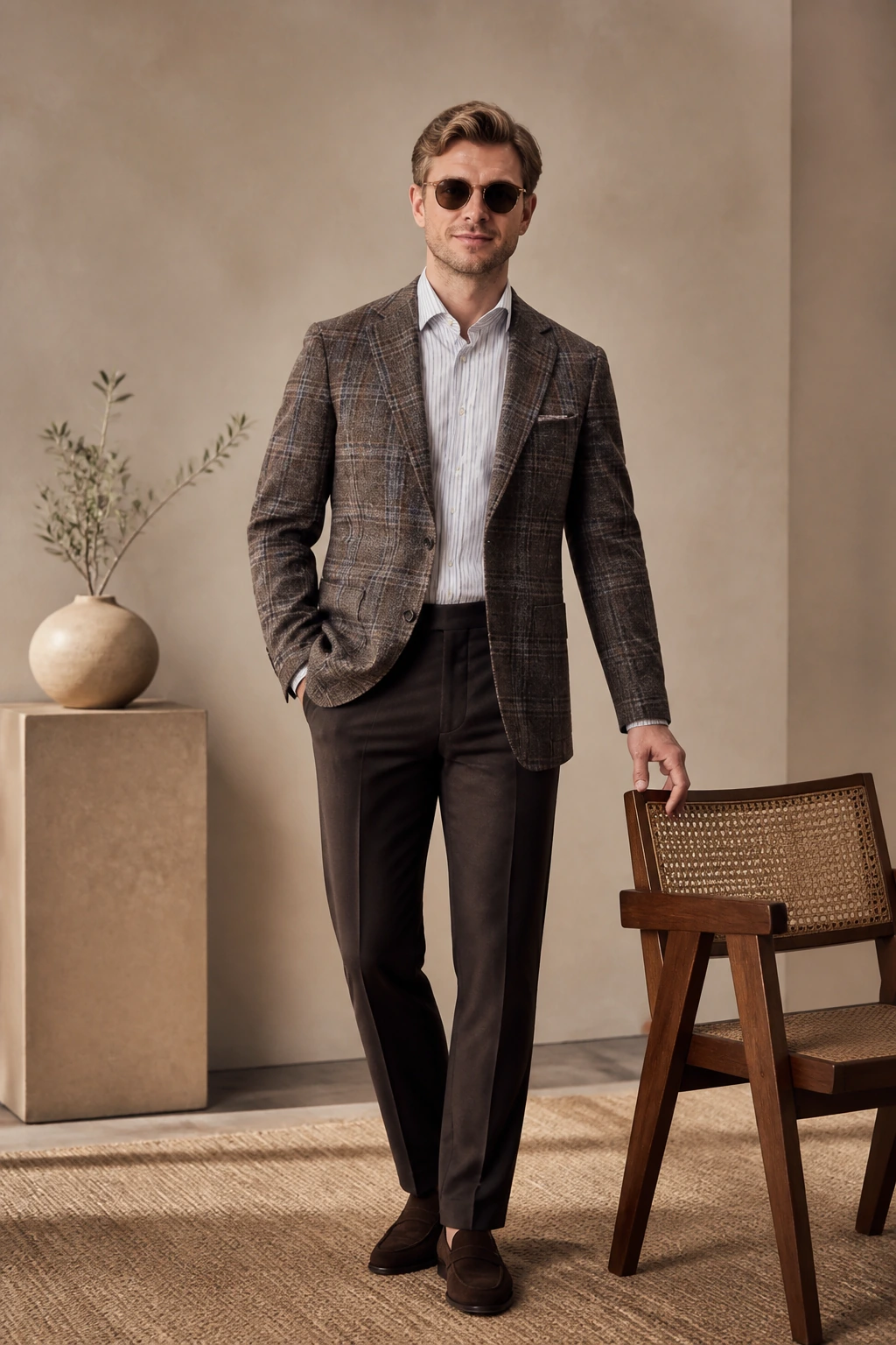 Men’s Sports Jacket / 05 in Brown check — illustrated styling