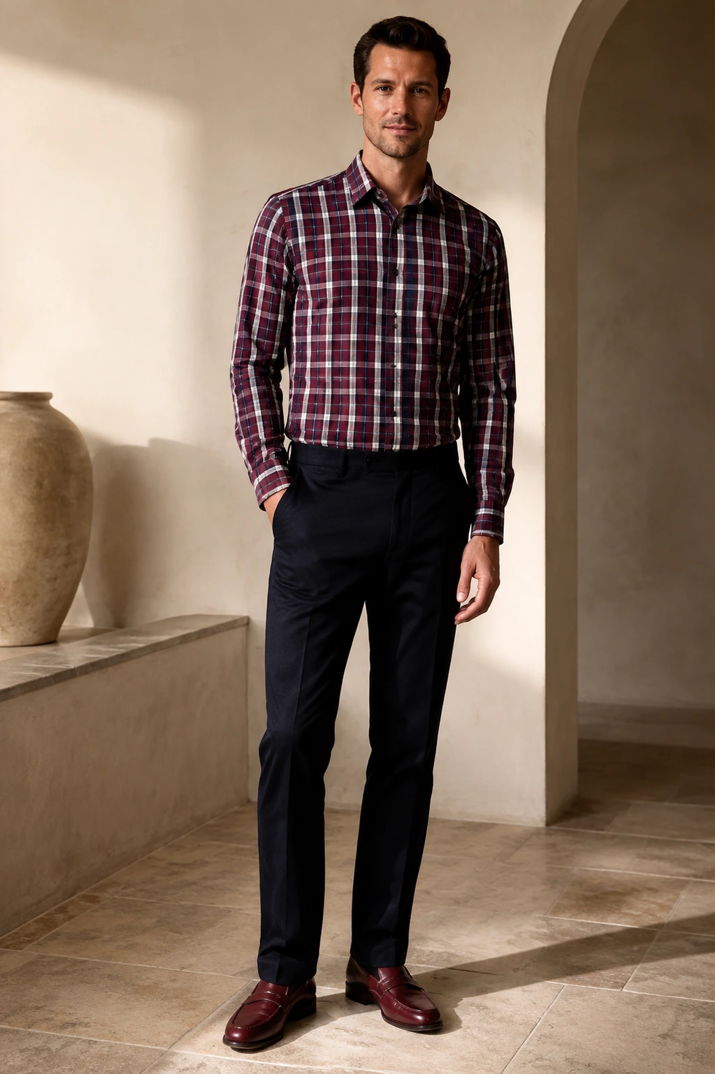 Men’s Tailored Shirt / 05 in Burgundy check — illustrated styling
