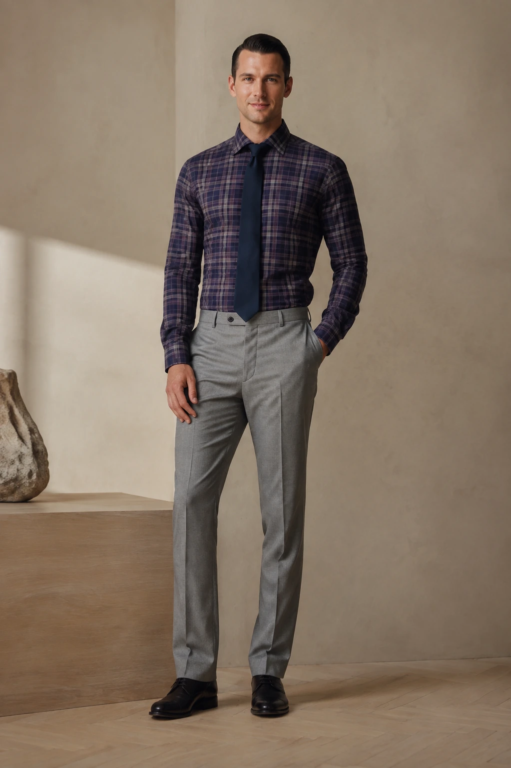 Men’s Tailored Shirt / 07 in Purple check — illustrated styling