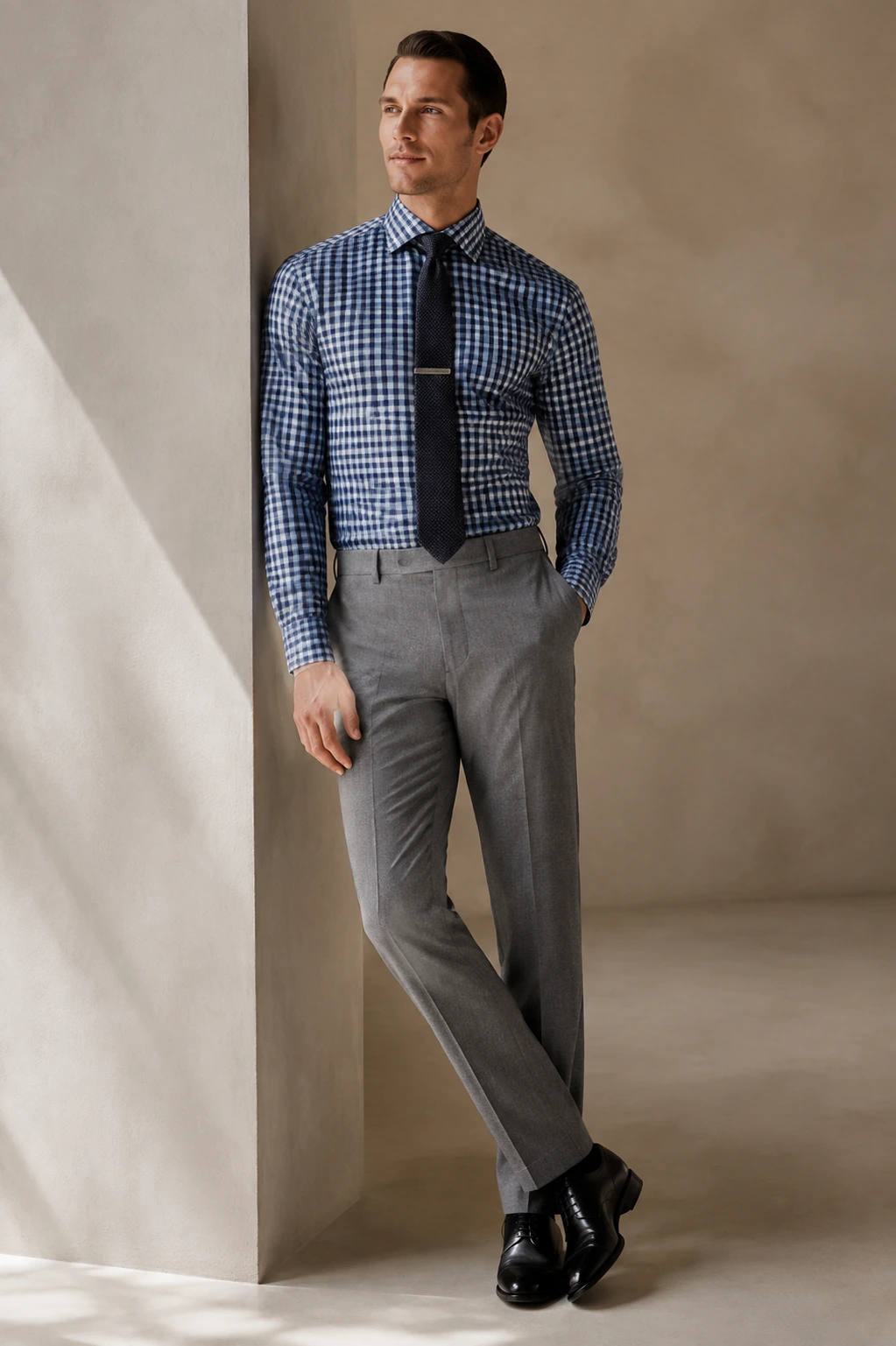 Men’s Tailored Shirt / 08 in Blue check — illustrated styling