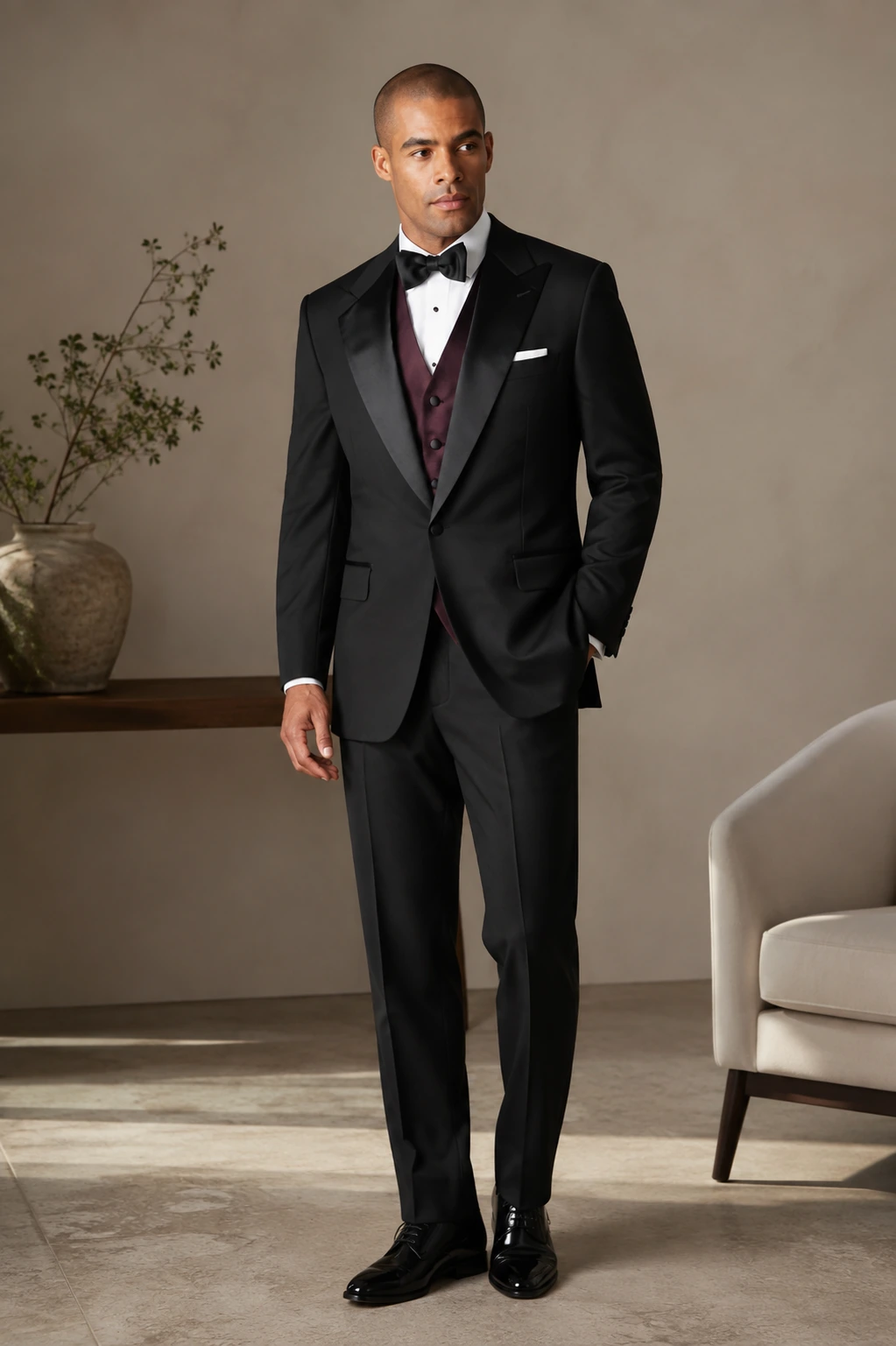 Men’s Evening Tuxedo / 07 in Black and burgundy — illustrated styling