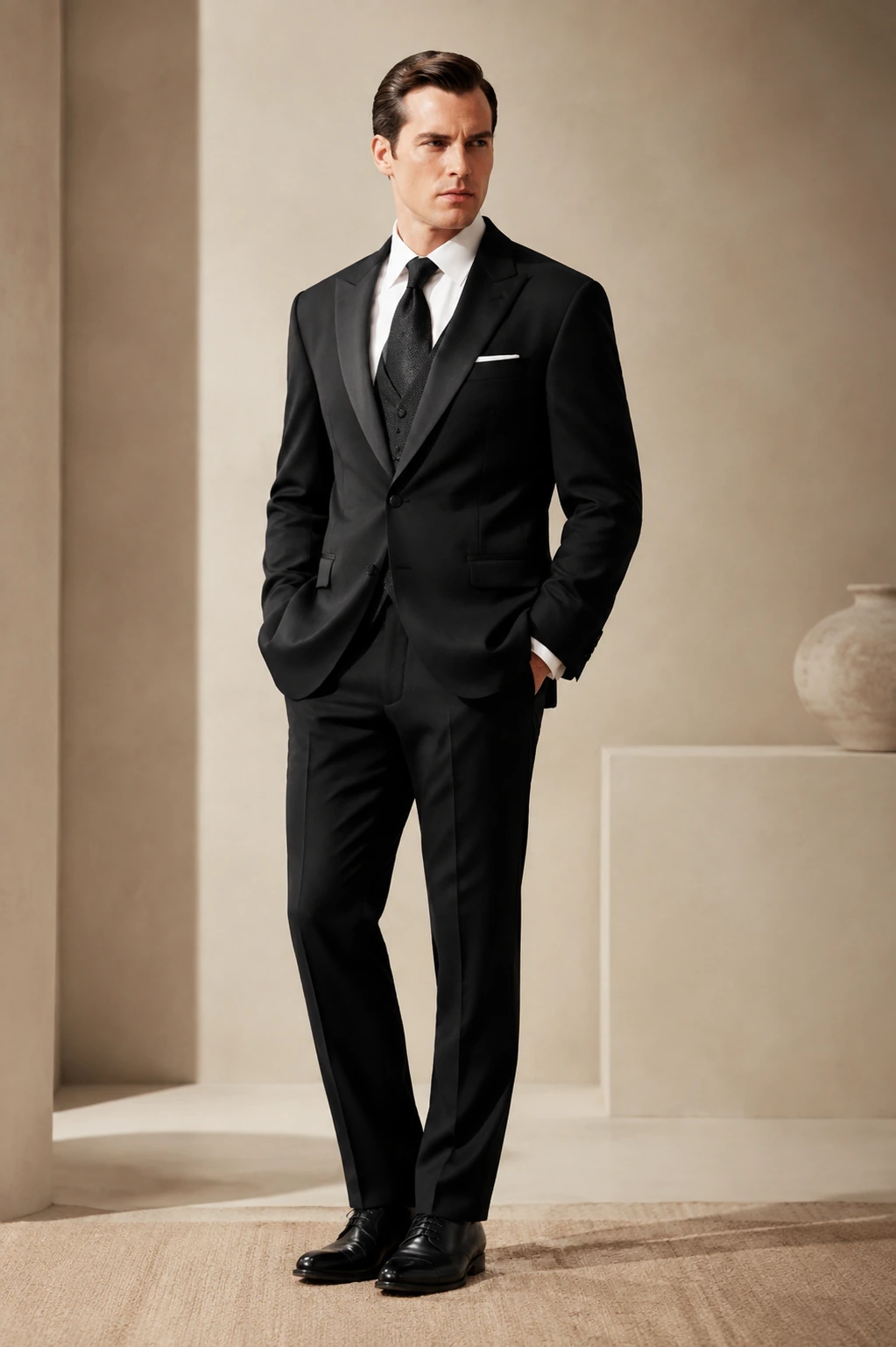 Men’s Evening Tuxedo / 10 in Black — illustrated styling