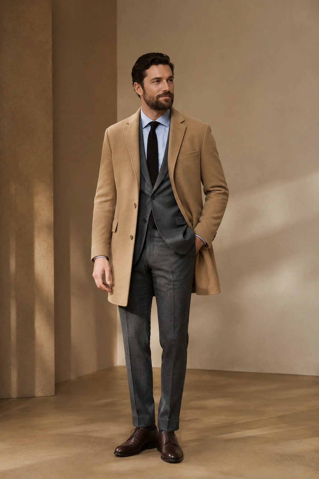 Men’s Tailored Overcoat / 04 in Camel — illustrated styling