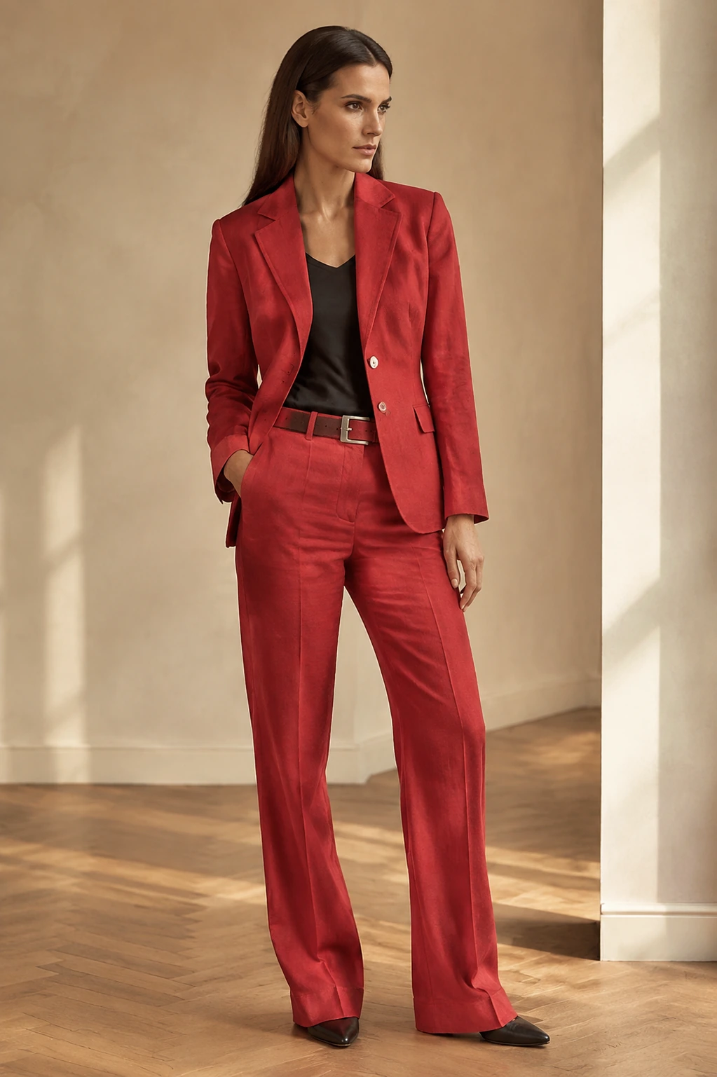 Women’s Tailored Pantsuit / 03 in Red — illustrated styling