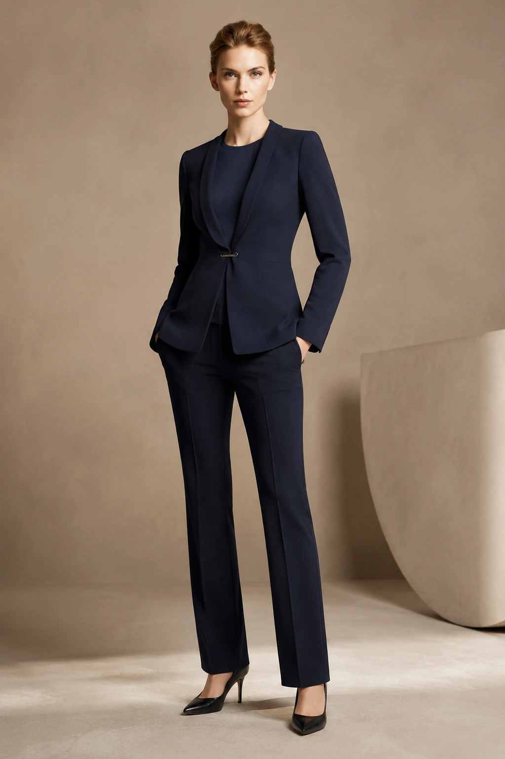 Women’s Tailored Pantsuit / 13 in Navy — illustrated styling