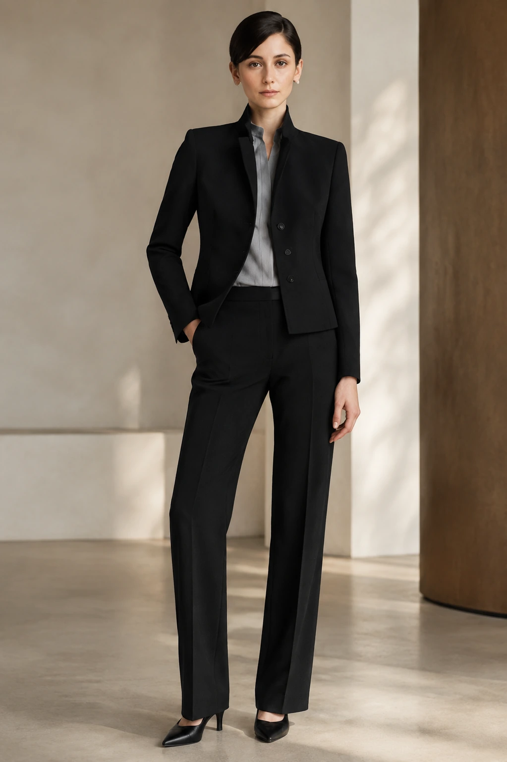 Women’s Tailored Pantsuit / 14 in Black — illustrated styling
