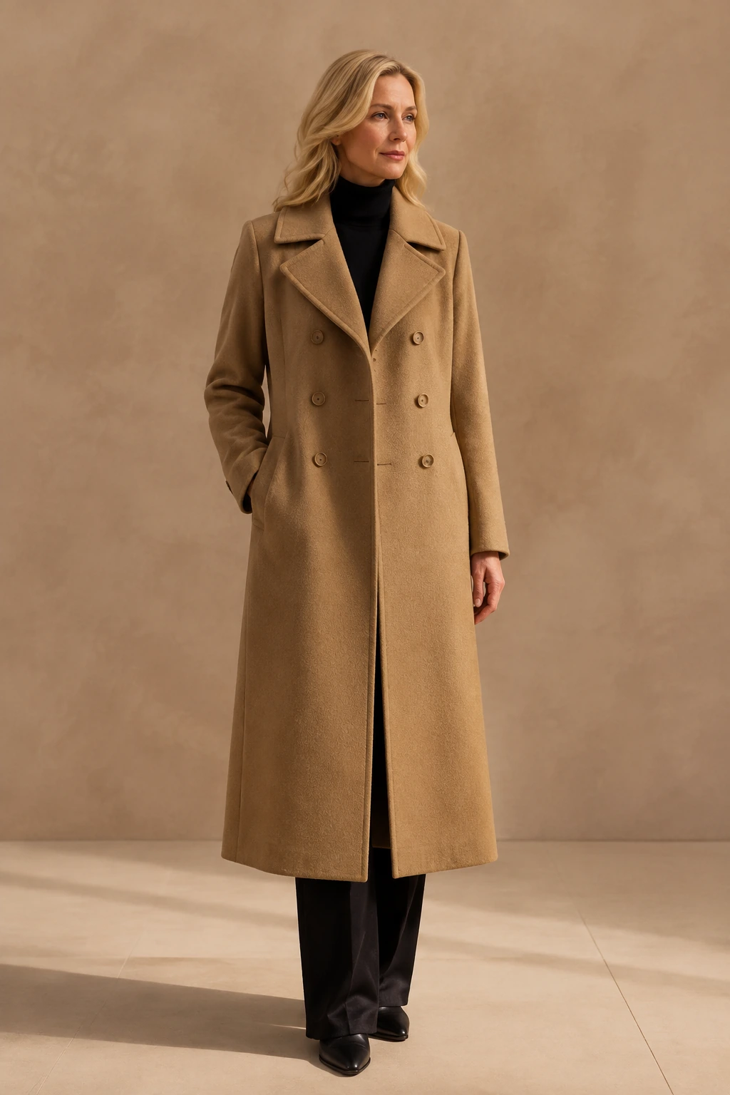 Women’s Tailored Overcoat / 06 in Camel — illustrated styling