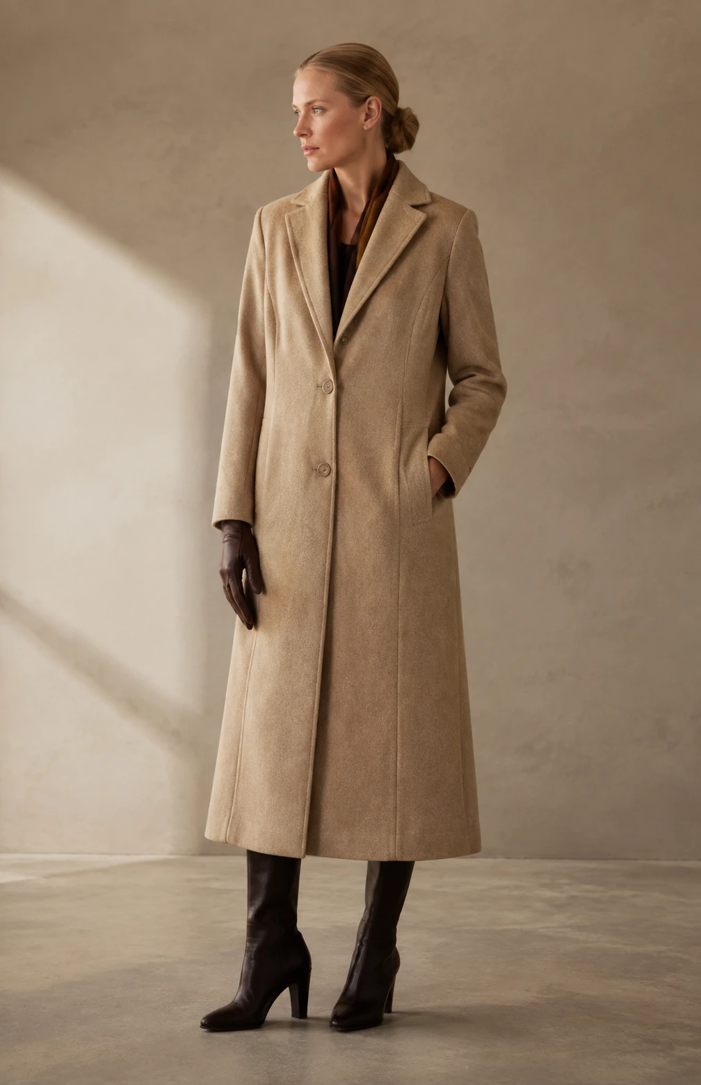Women’s Tailored Overcoat / 07 in Sand — illustrated styling