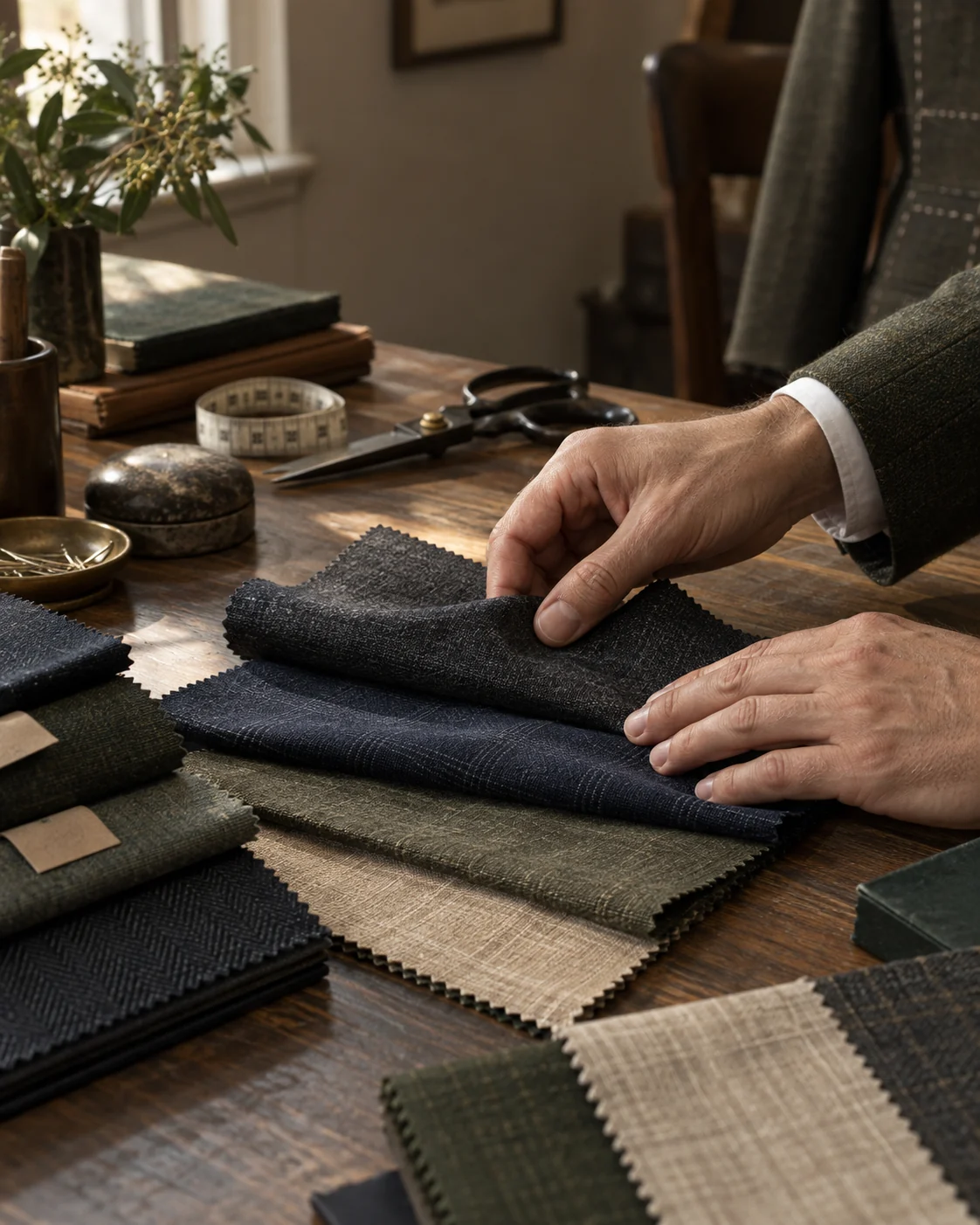 Hands selecting real suit cloth samples on a tailoring table
