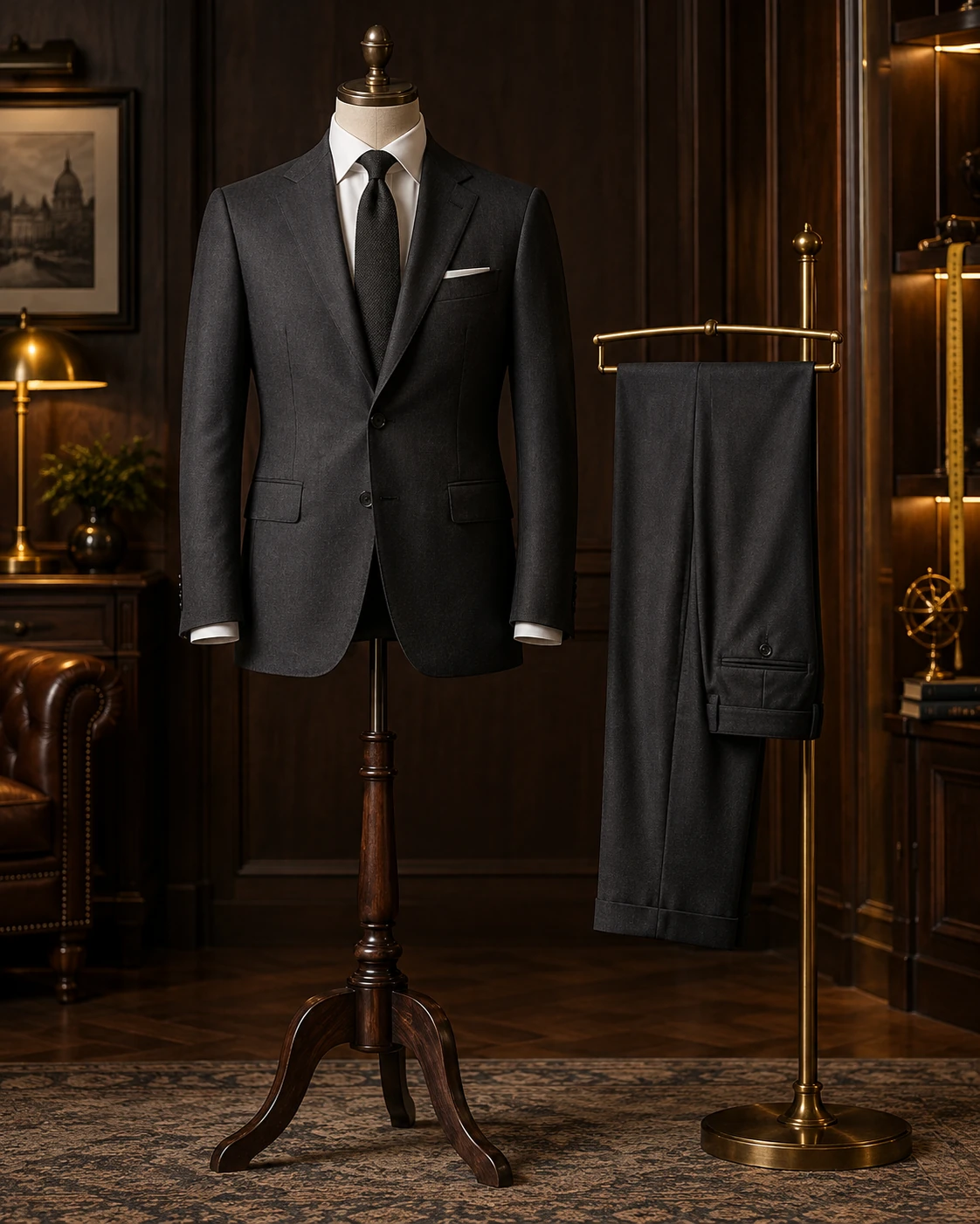 Suit on a headless tailor mannequin with separate trousers on a hanger