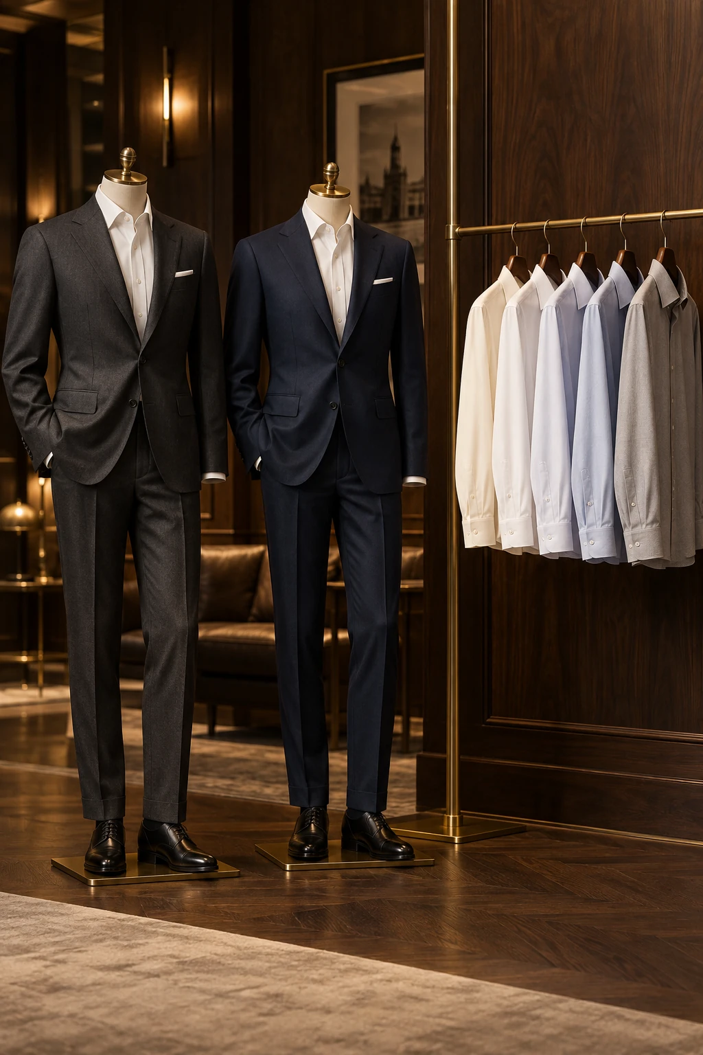 Two suits on headless mannequins and six shirts on a rail