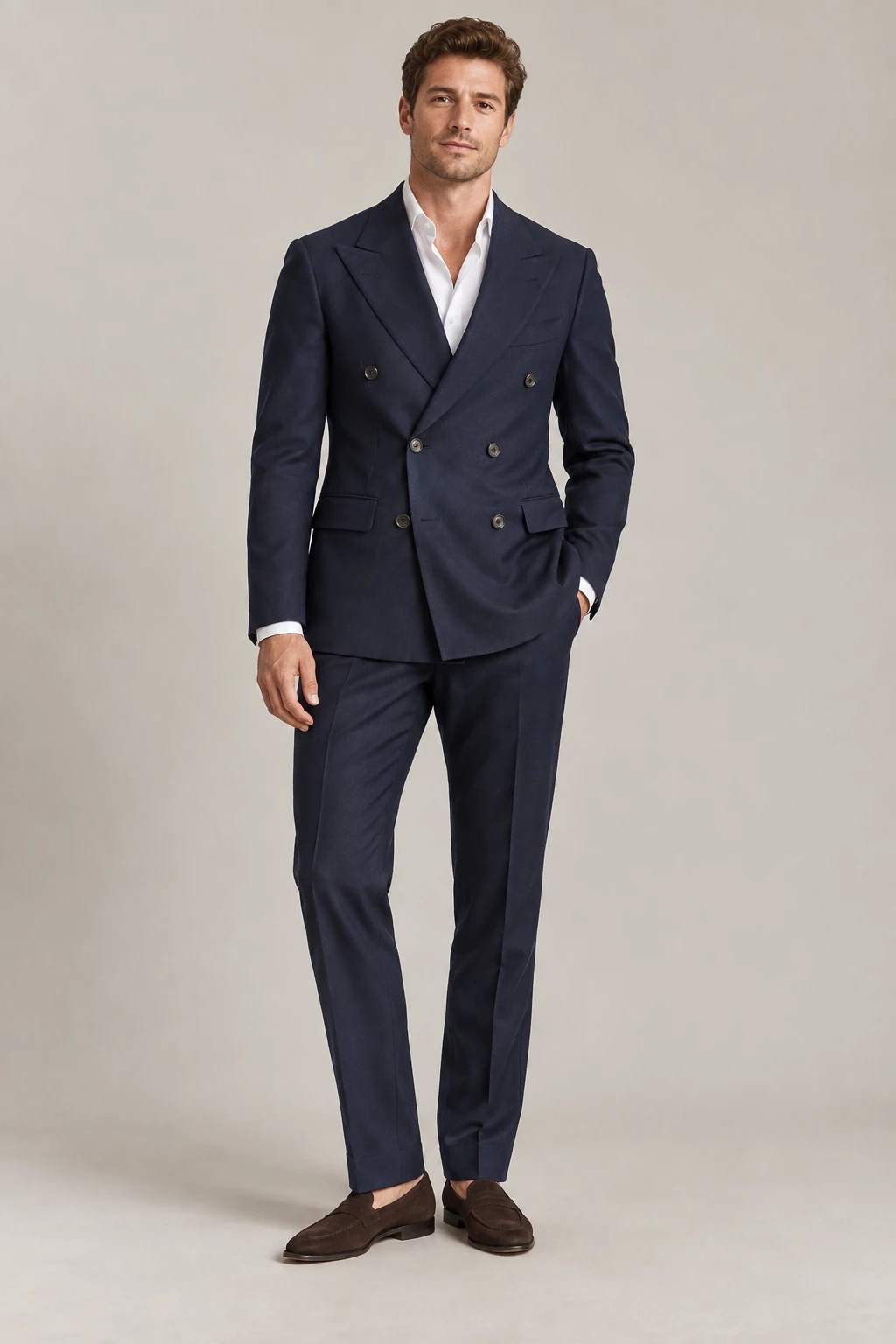 The Double-Breasted Suit in Midnight navy — illustrated styling