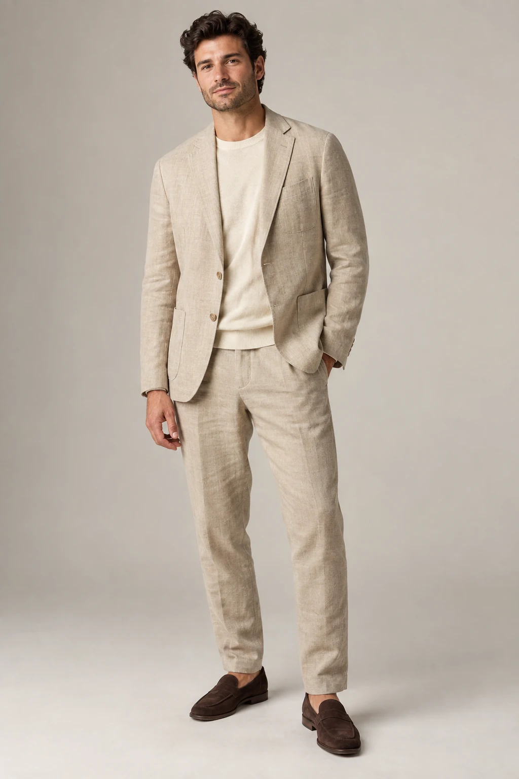 The Relaxed Linen Suit in Sand — illustrated styling