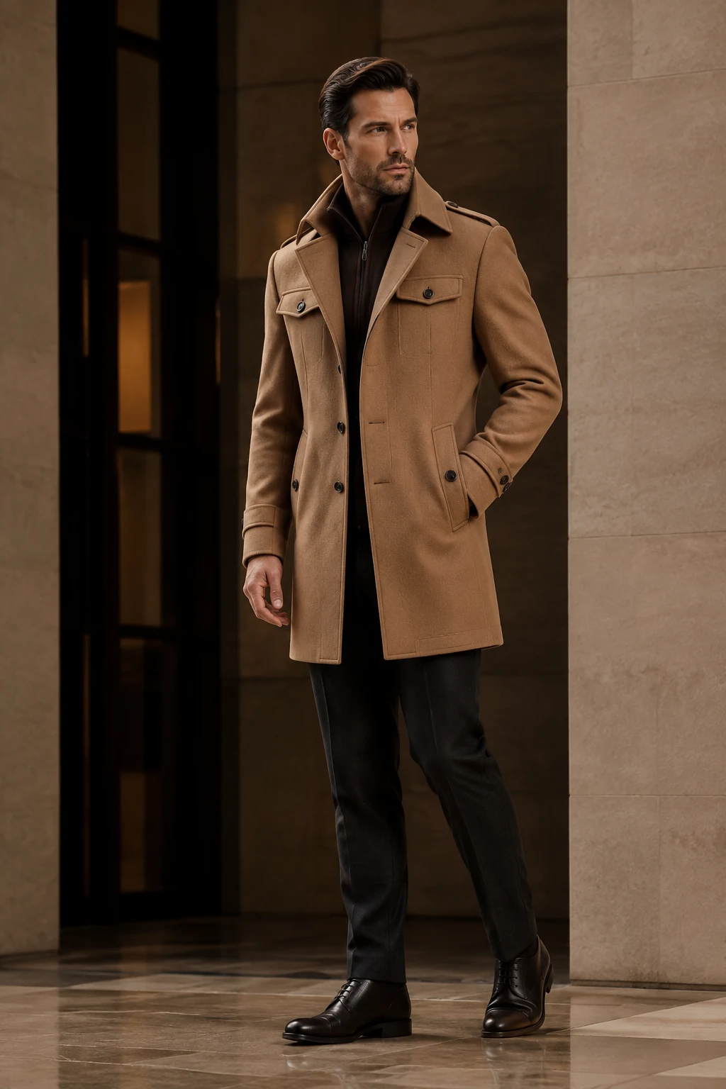 Camel made-to-measure overcoat