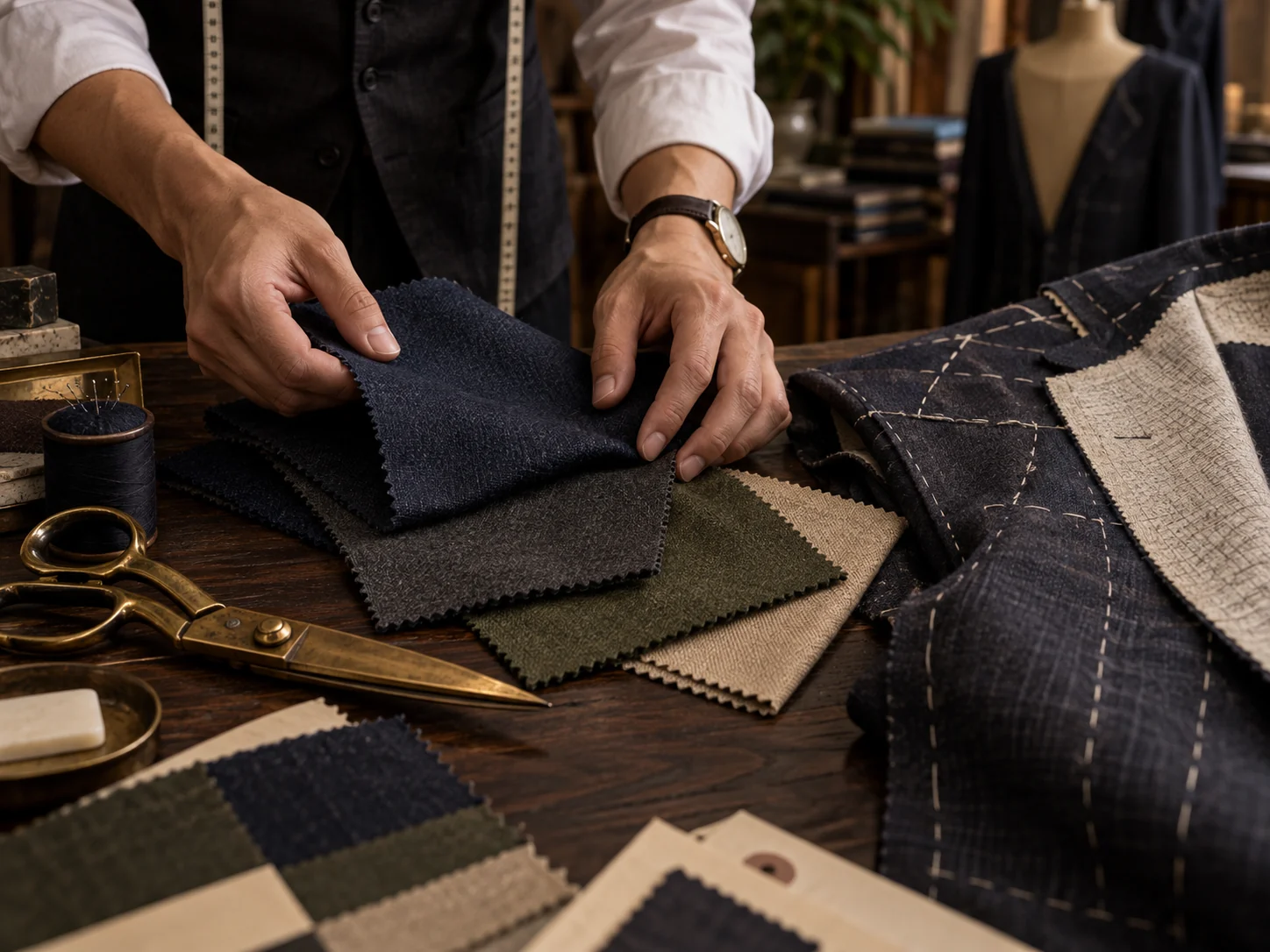 AI-generated editorial close-up of premium wool cloth and tailoring shears