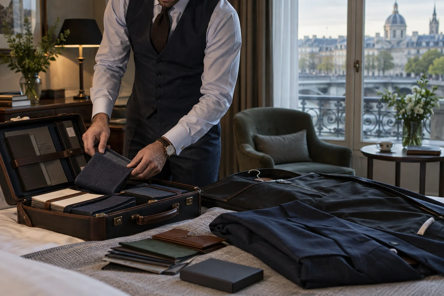 AI-generated editorial image of a travelling tailor preparing cloth in a hotel room